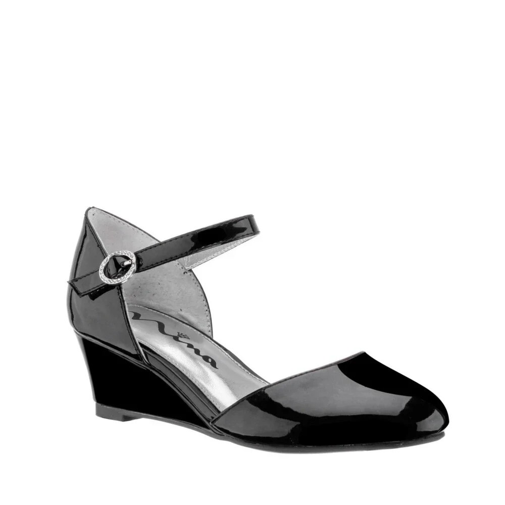 Nina Lenora Sandals Girls US 13 Black Leather Ankle Strap Wedge Heel ZAP1072